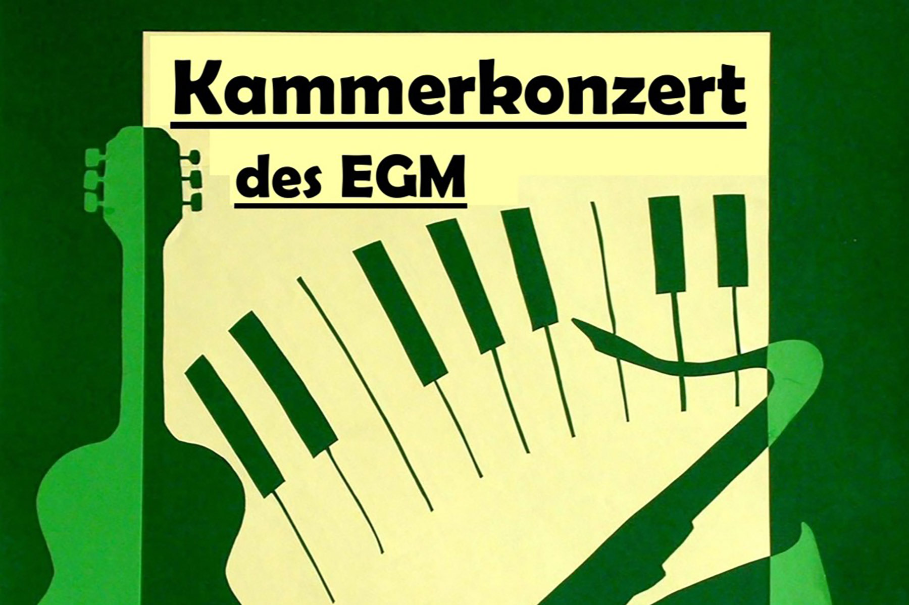 Illustration in Grün, die eine Gitarre, ein Saxophon und stilisiert ein Klavier zeigt