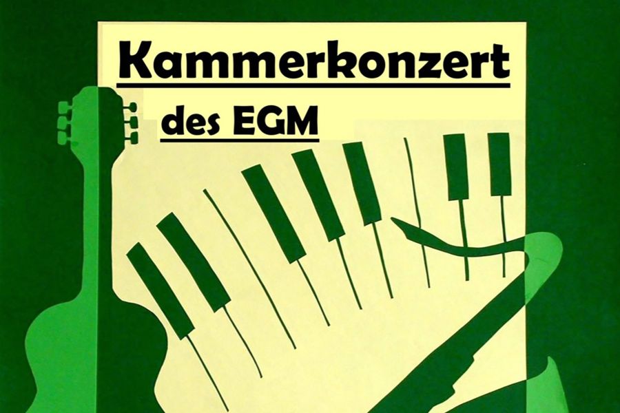 Illustration in Grün, die eine Gitarre, ein Saxophon und stilisiert ein Klavier zeigt
